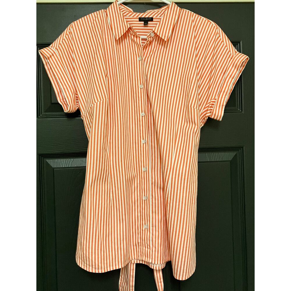 Talbots Medium Womens Blouse Button‎ Up Striped Orange White Short Sleeve Tie